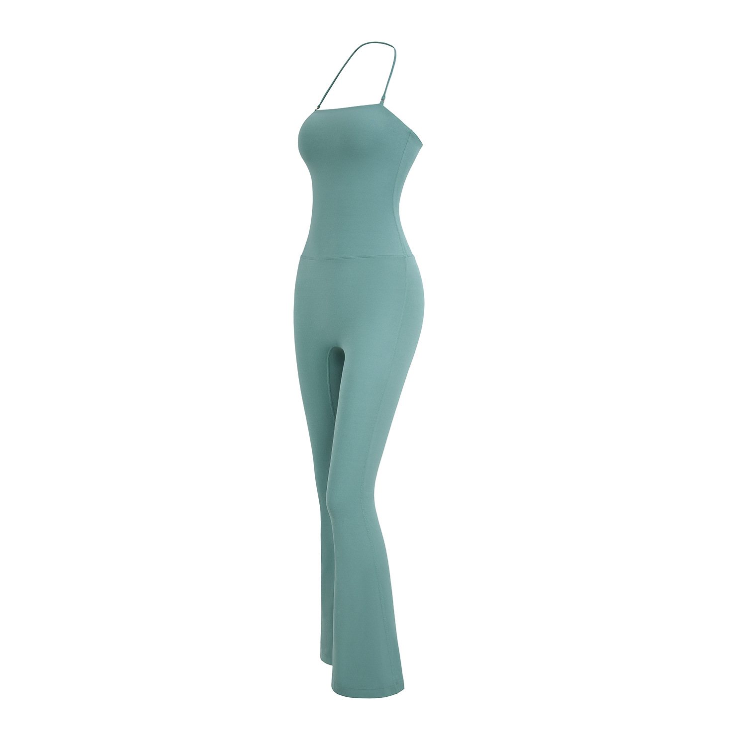 Pantalones deportivos de una pieza ajustados con tirantes tipo halter, ligeramente acampanados y con efecto antibacteriano Bare Sensation de Tongji Yoga, ideales para pilates._voghion.com