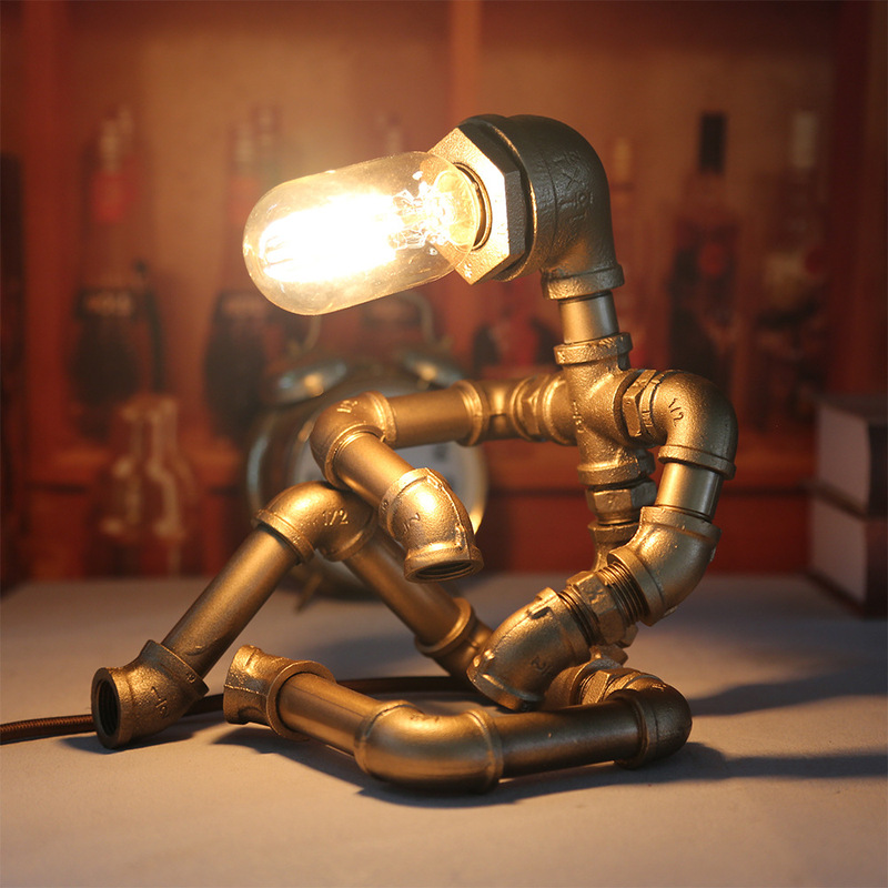 American Retro Industrial Style Iron Pipe Robot Table Lamp Study Decoration Steampunk Table Lamp Water Tube Lamp