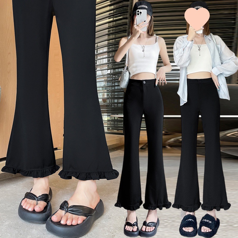 Real Shot of Black Micro-Flared Lace Suit Pants for Women 2025 Summer High-Waisted Straight Wide-Leg Pants Casual Nine-Point Flared Pants