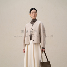 美利奴J细绵羊毛圆领廓形短款双面毛呢大衣外套女~秋冬简约慵懒感