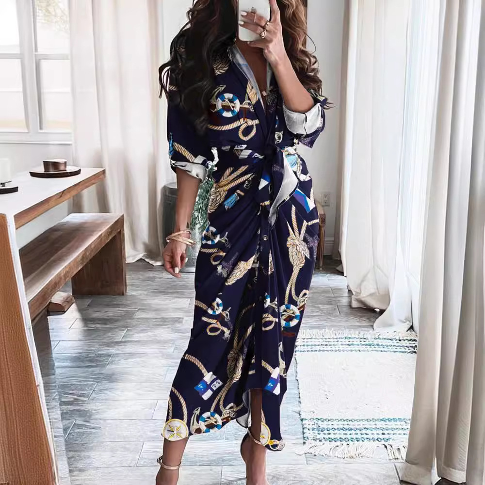 Vestido Largo Elegante con Estampado, Manga Corta con Botones y Cuello en V, Estilo Informal para el Verano 2021, Éxito de Ventas en Wish y Amazon image 3
