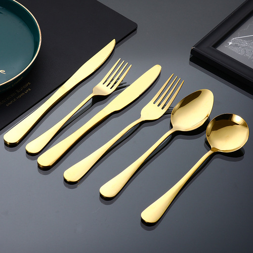 Set of 1010 Gold-Plated Stainless Steel Western Cutlery Coffee Stirrer Cake Spatula Steak Knife Fork Set for Hotel