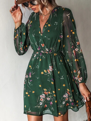 Wish Bestselling Hot Selling Dress V-Neck Elegant Chiffon Print Floral Spring Sheer V-Neck Dress