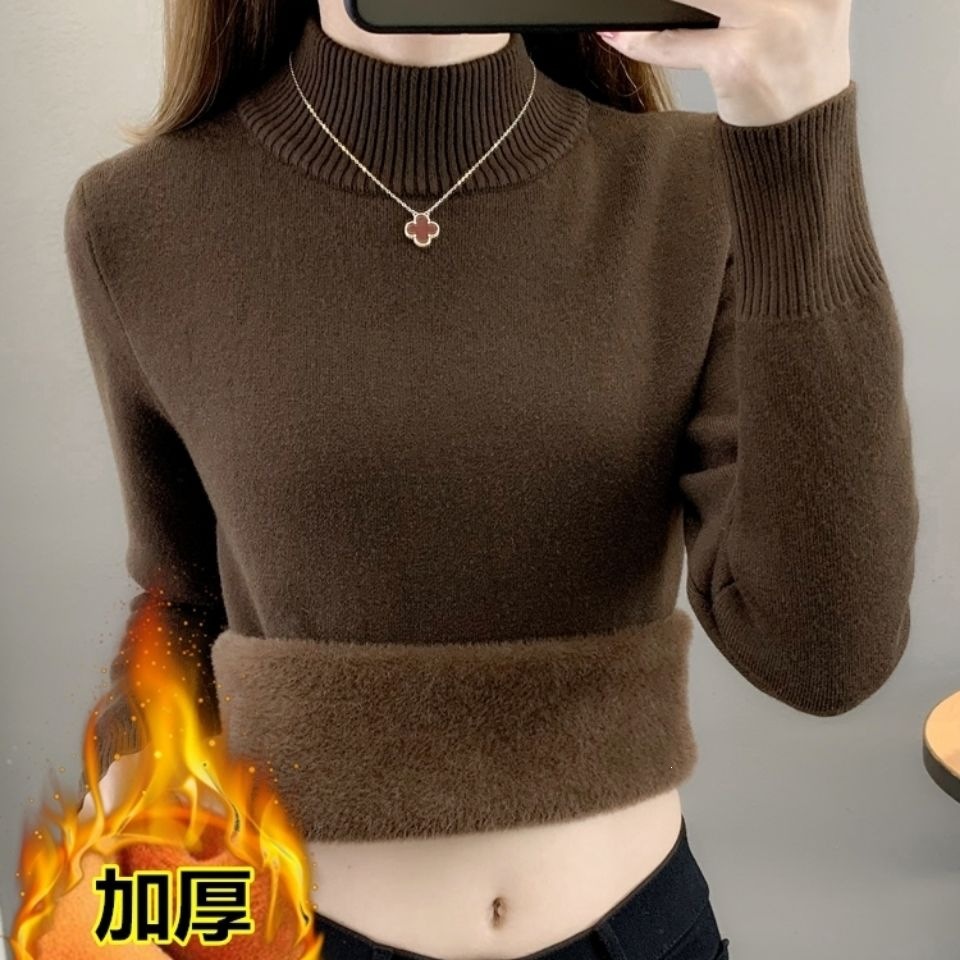 Women's Autumn/Winter Fleece-Lined Sweater, Thick Fleece-Lined Innerwear, Plus Size, High Neck Pullover, Warm Base Layer Knitwear