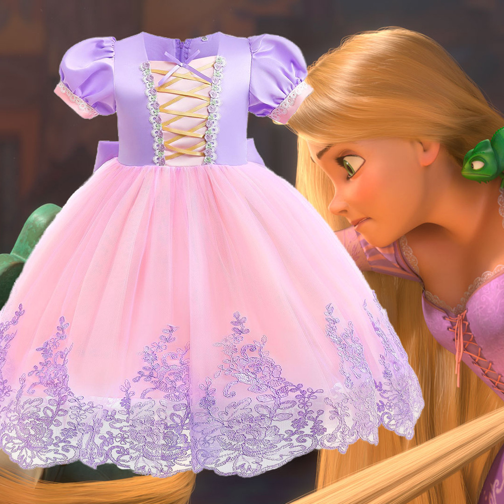 Niñas Pelo Largo princesa mullido vestido malla encaje costura arco vestido