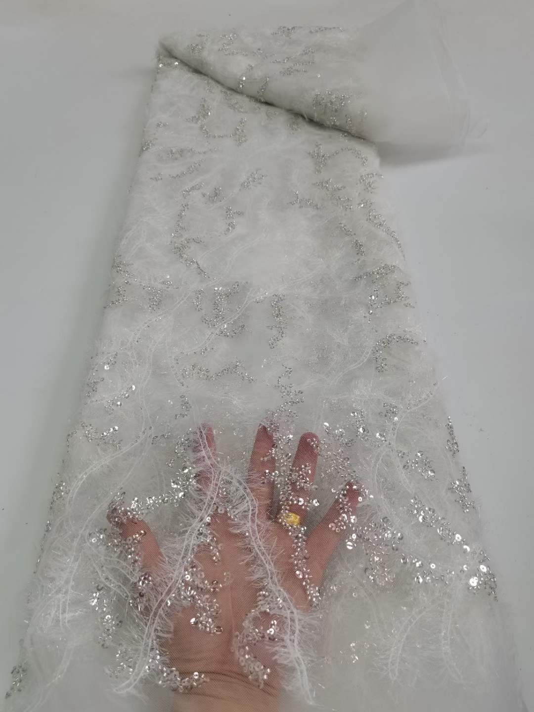 Tela de Encaje Bordada con Cuentas JX3625 con Lentejuelas para Vestido de Novia y Cheongsam