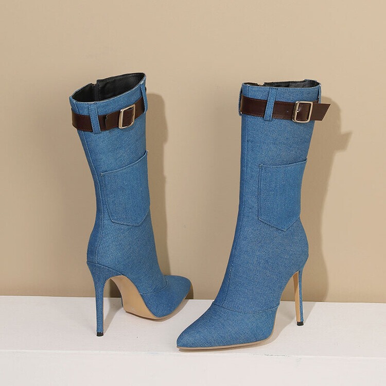 Cross-border autumn and winter New Fashion boots European and American plus size pointed toe Denim mid-calf boots leather buckle stiletto heel side zipper women's boots