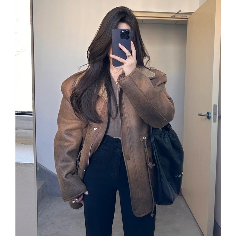 Maillard Autumn and Winter Distressed Imitation Lamb Wool Suede Double-Sided Jacket Short Outwear Women's Thickeneded Large Lapel Motorcycle Jacket