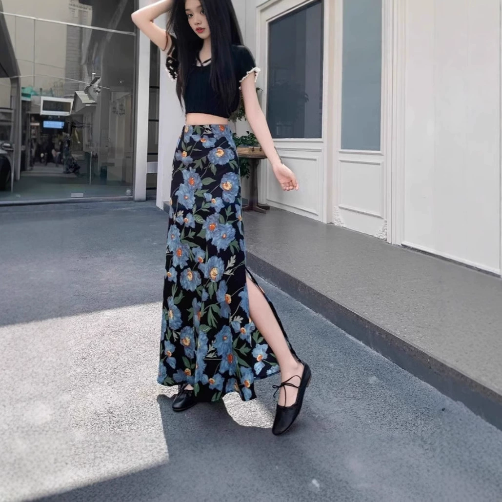 Весенне-летняя шифоновая юбка с цветочным принтом и боковым разрезом для женщин, новинка 2025 года, облегающая длинная юбка «рыбий хвост» во французском стиле для женщин