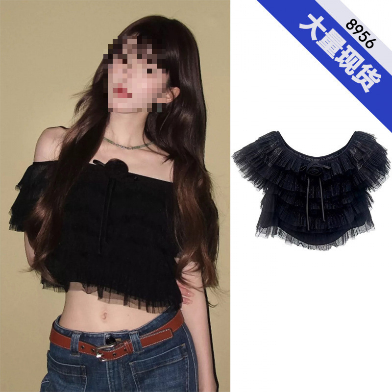 Zhao Lusi's black pure-desire style multi-layer mesh top with rose tie, short one-shoulder hot girl top Zhao Lusi's black pure-desire style multi-layer mesh top with rose tie, short one-shoulder hot girl top