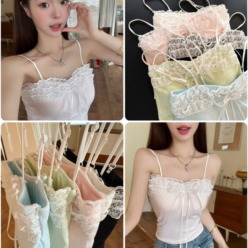 蕾丝拼接系带吊带背心女夏季修身美背外穿设计感辣妹白色内搭上衣|undefined