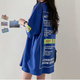 棉2022新款女装蓝色短袖t恤女夏印花宽松韩版ins潮圆领上衣加大码