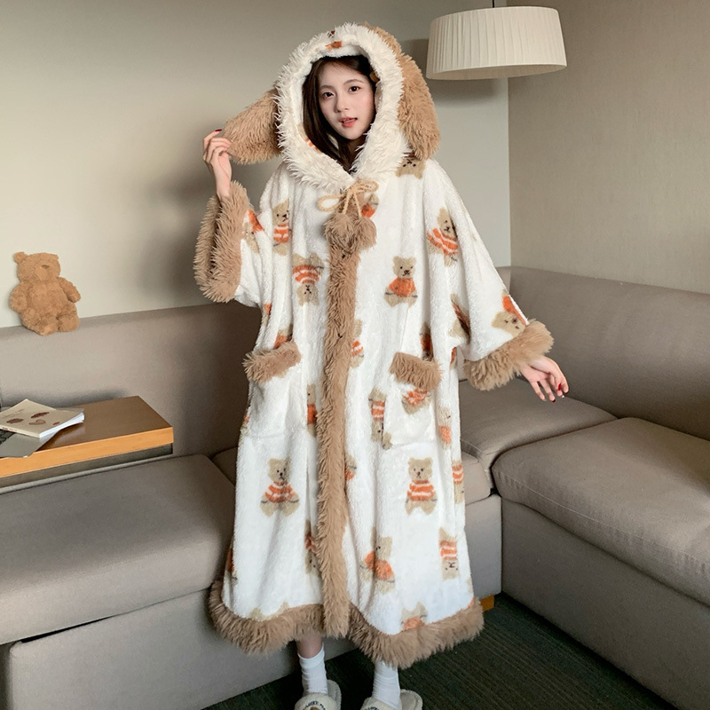 Live Internet Red Pajamas Autumn and Winter New Fleece-lined Thickened Nightgown Girl Soft Girl Coral Fleece Home Wear with Pants