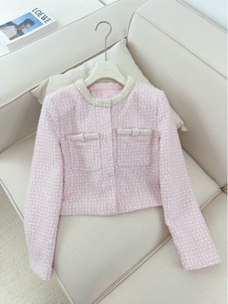 Rich Daughter's High-End Small Fragrance Pearl Tweed Long-Sleeved Jacket Cardigan Sleeveless Dress Two-Piece Suit for Women