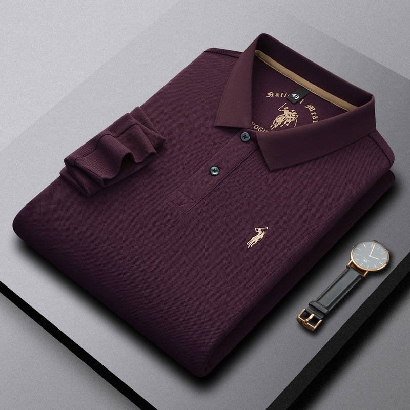 Men's Commuter Long-Sleeve Polo Shirt, Mercerized Cotton, Solid Color, Turn-Down Collar, Small Horse Logo, Spring/Autumn Versatile Base Shirt Men's Commuter Long-Sleeve Polo Shirt, Mercerized Cotton, Solid Color, Turn-Down Collar, Small Horse Logo, Spring/Autumn Versatile Base Shirt