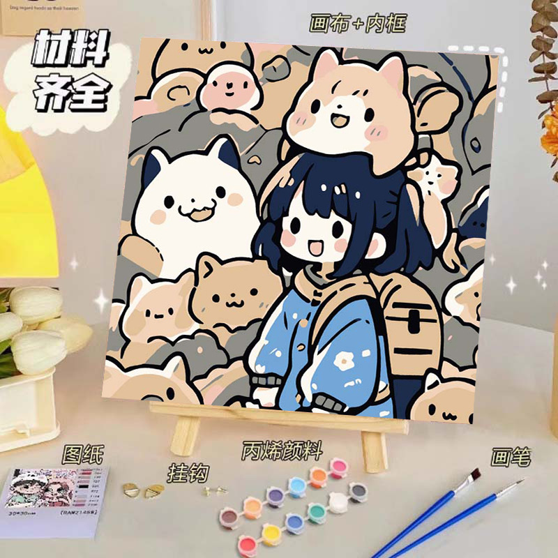 Pintura al óleo digital de bricolaje, dibujos animados para niños, pinturas para colorear hechas a mano, lindos puestos de animación curativos, comercio exterior transfronterizo