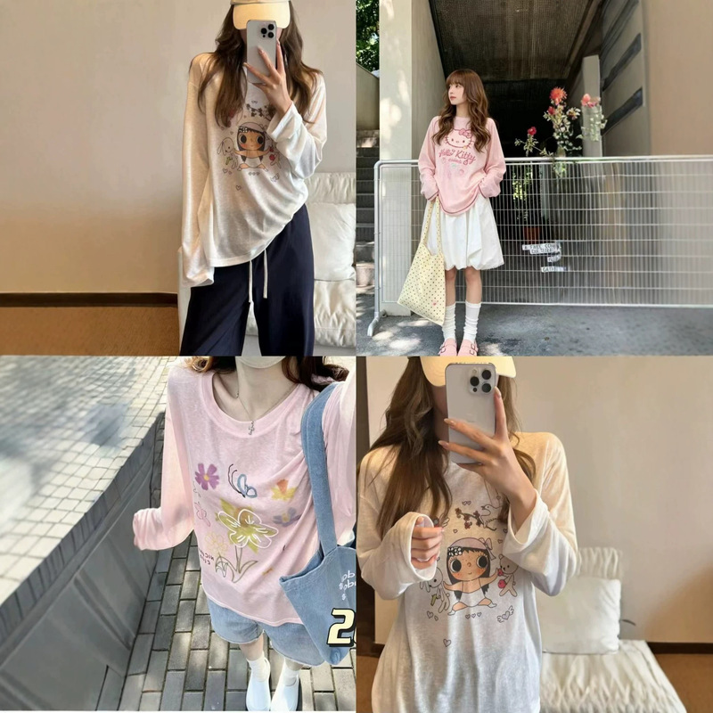 Korean summer bestseller: women's long-sleeve round-neck sun protection shirt with various prints, casual and gentle ins-style T-shirt Korean summer bestseller: women's long-sleeve round-neck sun protection shirt with various prints, casual and gentle ins-style T-shirt