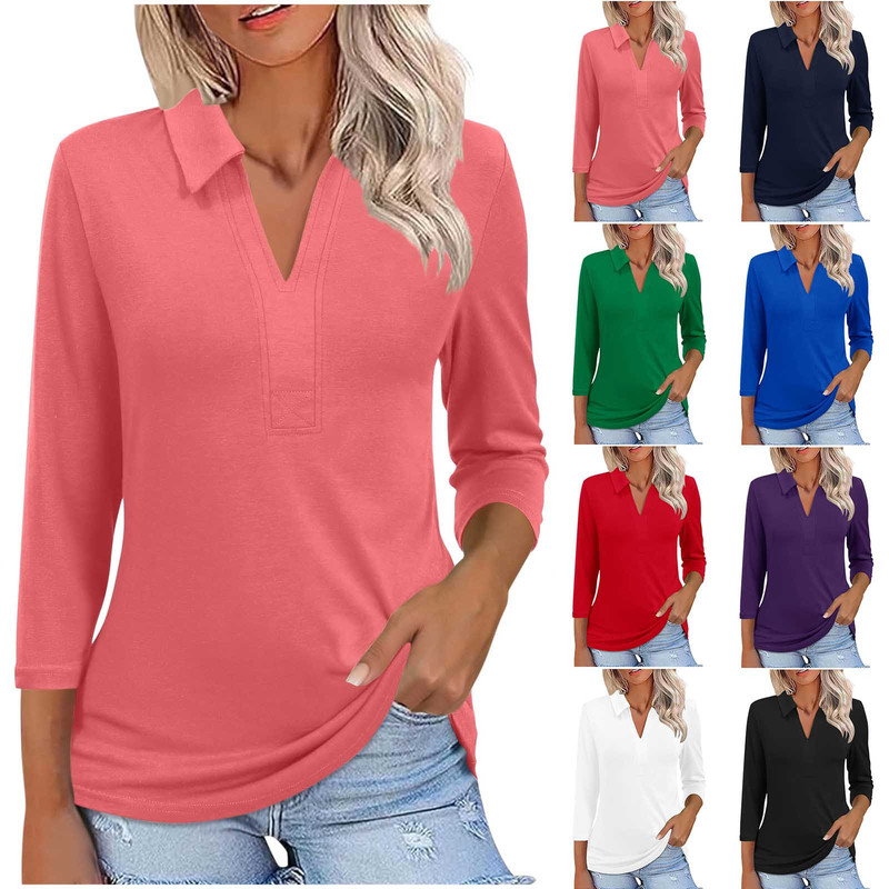 Women's Casual Solid Color Three-Quarter Sleeve 3/4 Sleeve Turn-Down Collar T-Shirt Pullover Slim Fit Top for Layering, Japanese and Korean Style Casual Wear Women's Casual Solid Color Three-Quarter Sleeve 3/4 Sleeve Turn-Down Collar T-Shirt Pullover Slim Fit Top for Layering, Japanese and Korean Style Casual Wear