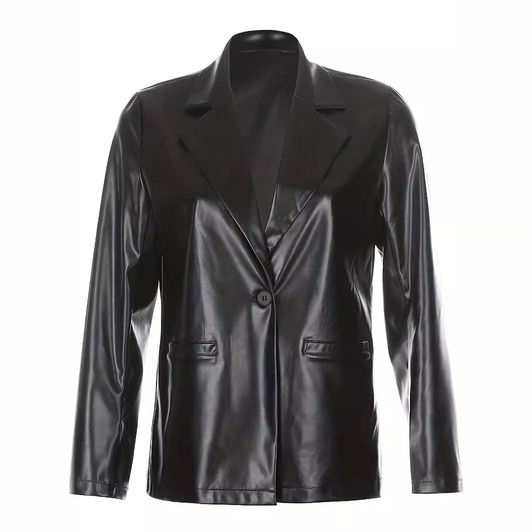 Primavera y otoño nueva moda moda damas manga larga suelta elegante chaqueta de traje PU mujer