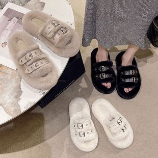 Mao Mao slippers women's outdoor wear autumn and winter indoor household belt buckle Internet famous plus size thick bottom plush cotton slippers tide