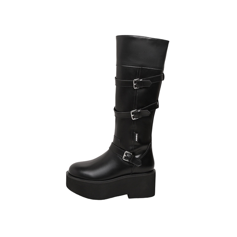 ナイトブーツ レディース 2025 秋冬新作 厚底レザー 高め プチブーツ レディース ハイブーツ アイドル フラット 替え