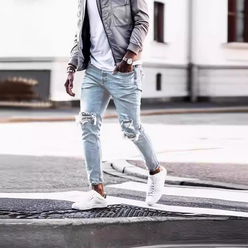 Cross-border European and American foreign trade factory direct sales of a generation of fashion washed jeans men's holes Cross-border European and American foreign trade factory direct sales of a generation of fashion washed jeans men's holes