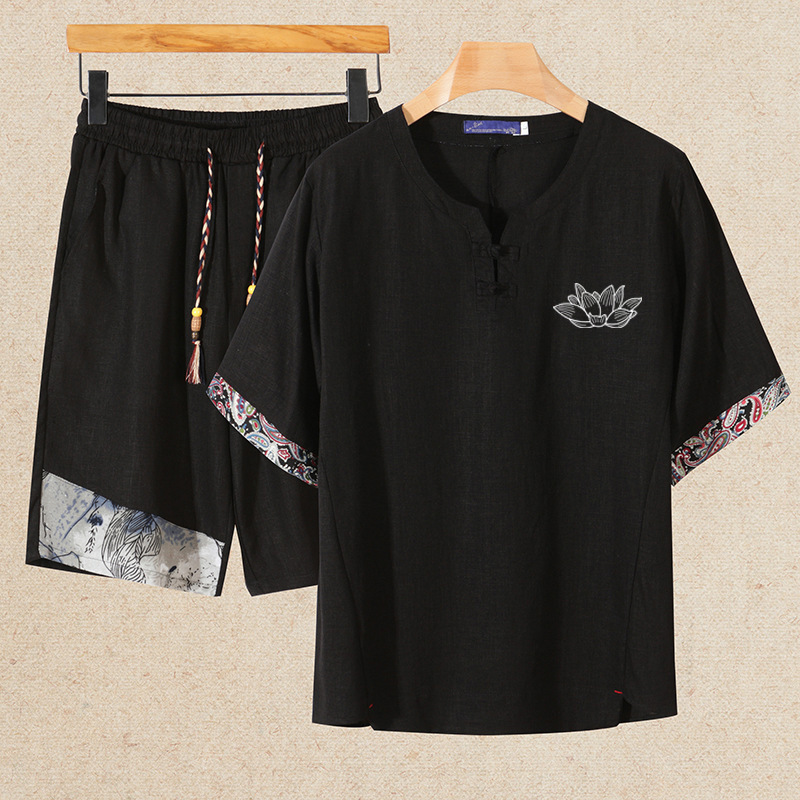 2025 Summer New Chinese Style Men's Suit Loose Retro Large Size T-Shirt + Shorts Two-Piece Fashion Suit