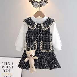 女童小香风套装2023秋季韩版长袖连衣裙宝宝小熊背心裙童装两件套