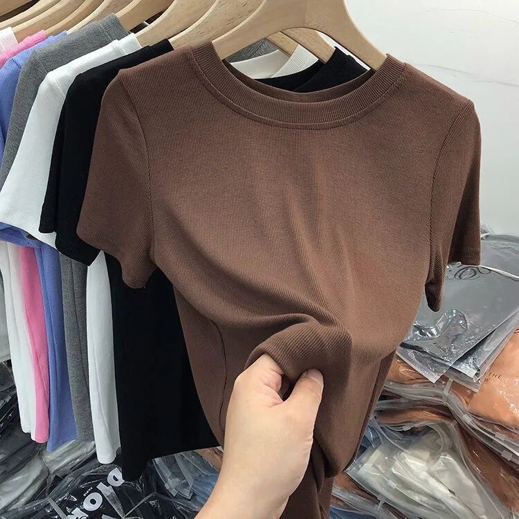 ソリッドカラーフェイシャルマスクTシャツレディース半袖2024夏新作フレンチスリムフィットデザインボトリングシャツトップ|undefined