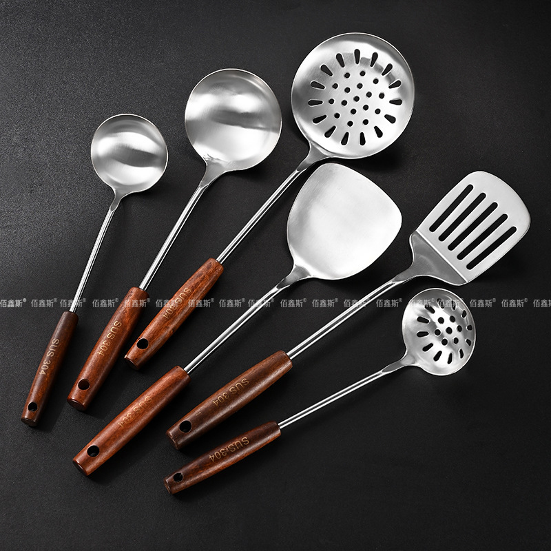 304 ステンレス鋼スパチュラ、家庭用木製ハンドル付き調理器具、高温耐性ザル、スパチュラ、キッチン用品セット、スープスプーン、キッチン用品|undefined