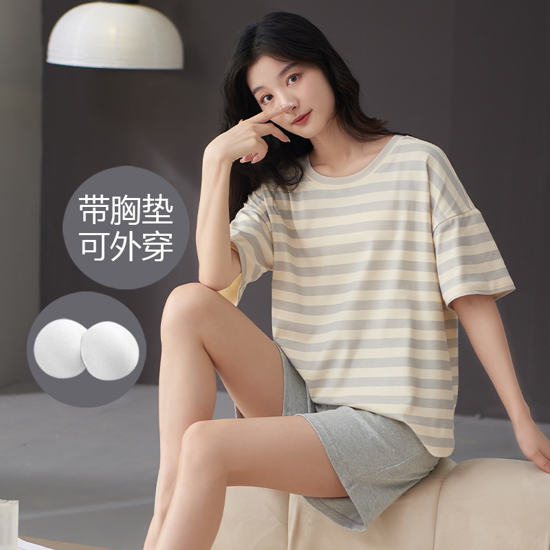Pijamas de verano para mujer con almohadillas para el pecho, pantalones cortos dulces y bonitos que se pueden usar en el exterior, conjunto de algodón puro de manga corta, novedad 2026, ropa para el hogar