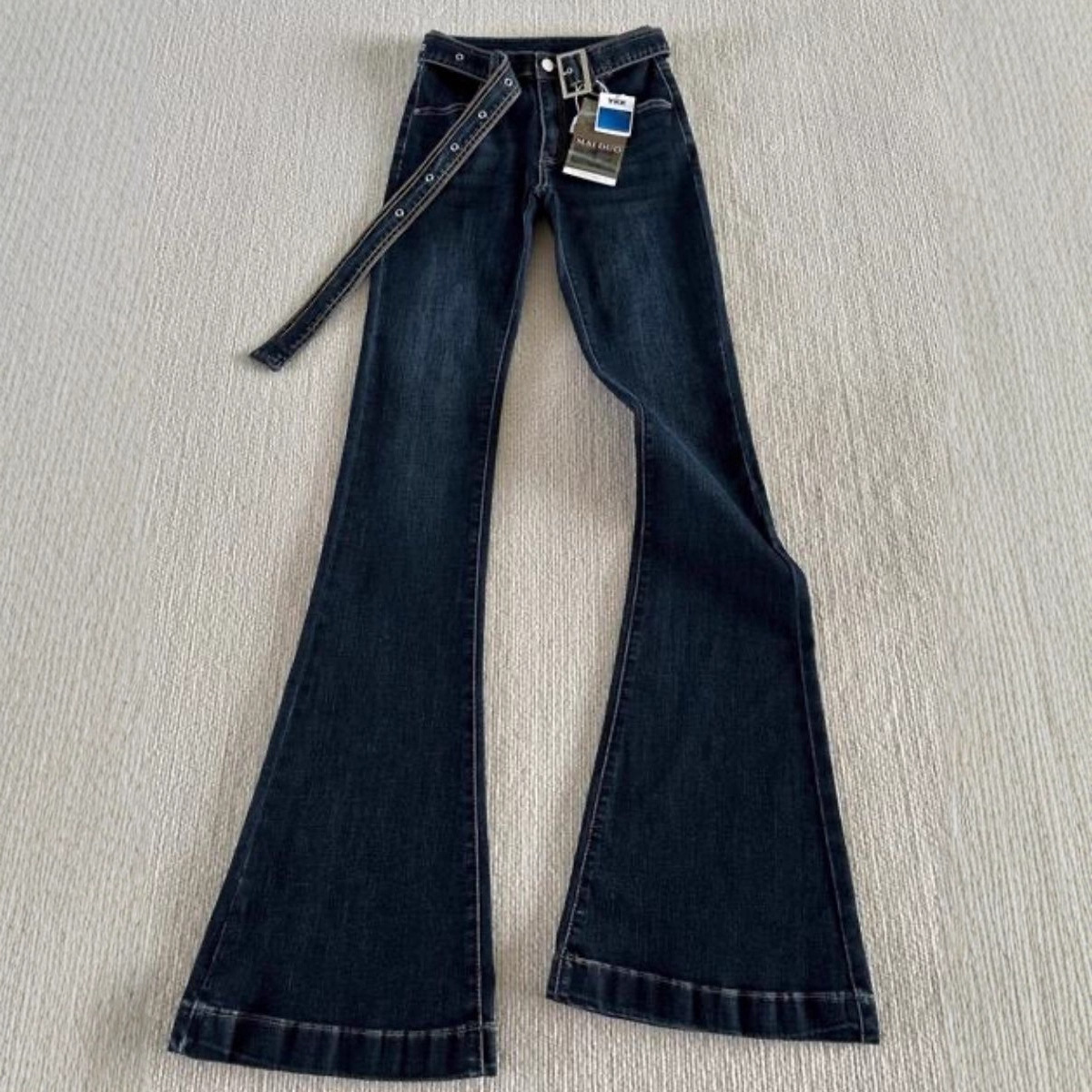 175 Tall Women's Dark Blue Bootcut Jeans for Autumn and Winter Low-Waist Slim Fit Stretch Slim Floor-Length Flared Pants