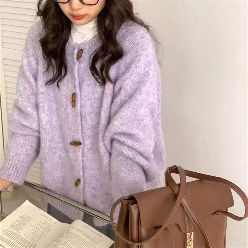 温柔风圆领牛角扣针织开衫女2025秋冬新款宽松软糯百搭毛衣外套潮|undefined