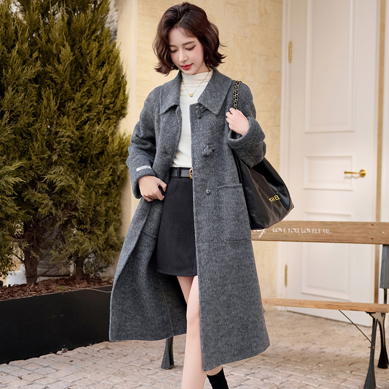 2024新款秋冬韩系呢子大衣女中长款翻领宽松显瘦双面羊毛呢外套冬