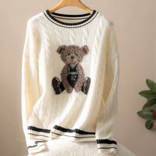 秋冬100%纯山羊绒衫女加厚圆领毛衣宽松小熊刺绣针织打底卡通减龄