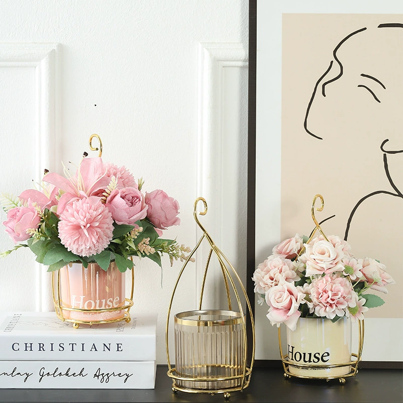 Композиция из железного декора и стекла: гидропонная суккулентная растительность в маленьком горшке, керамическая ваза, для обеденного стола, рабочего стола, гостиной, микроландшафт с зелеными растениями