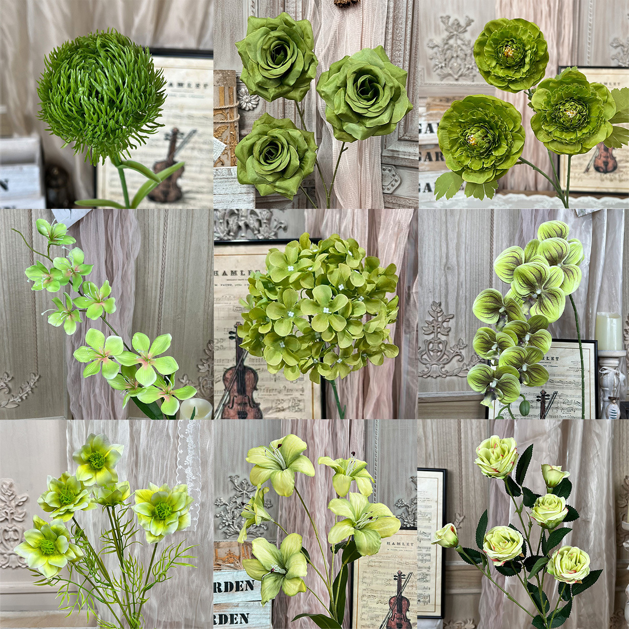 Mariage vert, fleurs artificielles, fausses fleurs en soie, décoration de la salle de mariage, mur de fond de fausses fleurs, composition florale, fenêtre du jardin Monet