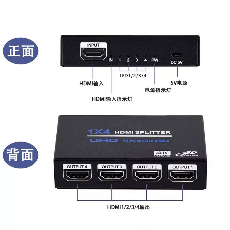 4k HDMI distributor 1 point 4 TV box PS4 computer display split screen video brancher support 3D