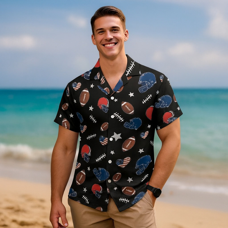 One Piece Wholesale Customizable Short-Sleeved Floral Shirt for Men, Stylish Hawaiian Shirt with Rugby Pattern