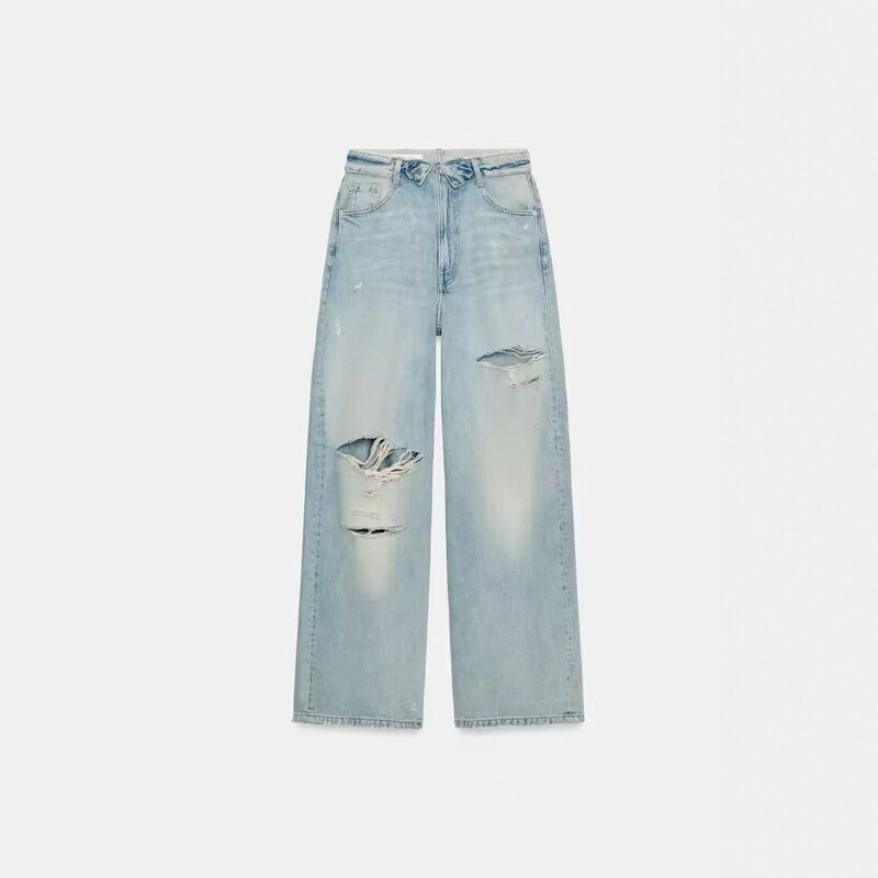 Za Foreign Trade Export Women's Light Blue American Retro Street Style Distressed Ripped Mid-Waist Cuffed Jeans 5252014 Za Foreign Trade Export Women's Light Blue American Retro Street Style Distressed Ripped Mid-Waist Cuffed Jeans 5252014