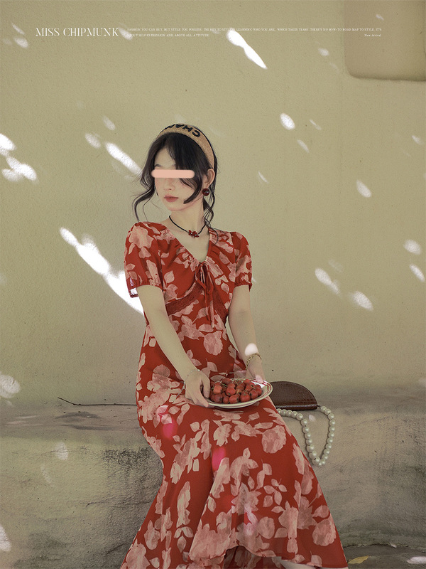 花栗鼠小姐 夏花 法式优雅气质繁花长裙女夏季显瘦氛围感连衣裙|undefined