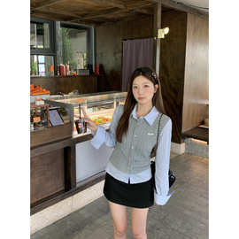 折扣欧货大码胖MM学院风假两件条纹拼接衬衫女秋冬修身显瘦针织上