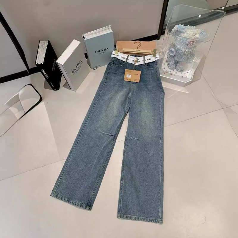 MM HOME 24SS 새로운 편지 청바지 허리 리본 바느질 패션 올매치 데님 바지