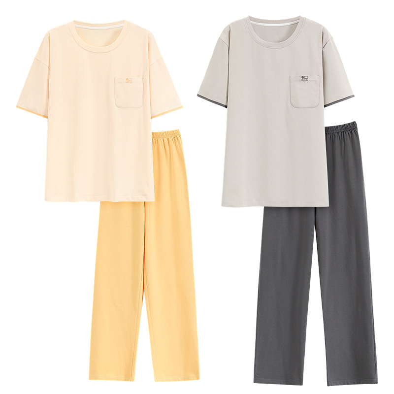 Pijamas de pareja de verano, algodón puro, manga corta, pantalones largos, estilo veraniego para hombre y mujer, estilo nuevo y sencillo para el hogar, estilo primavera y otoño 2025