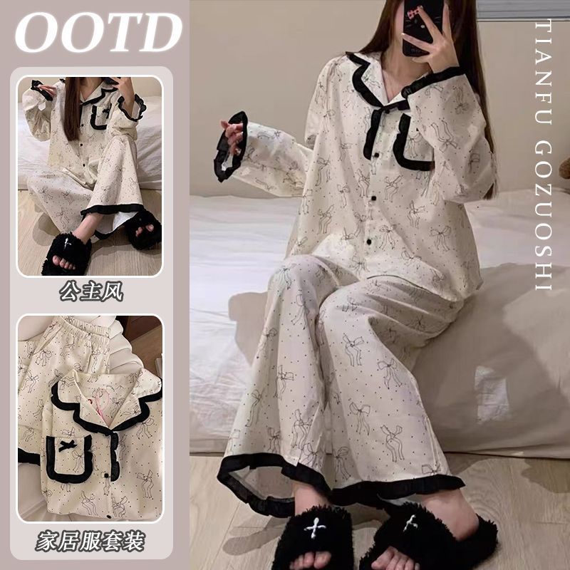 Venta al por mayor transfronteriza de celebridades de Internet nuevas nubes pijamas de manga larga de algodón para mujer primavera y otoño dulce bowknot ropa de hogar informal ropa exterior