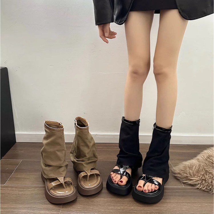 ¡Botas de tubo de jeans delgadas! 2026 sandalias de verano para mujeres con botas frías retro de suela gruesa