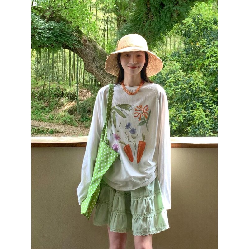 Sweet Japanese-Style Cute Snowflake Cotton Long-Sleeve T-Shirt for Women, Summer Loose and Lazy Style Oversized Sun Protection Cover-Up Top