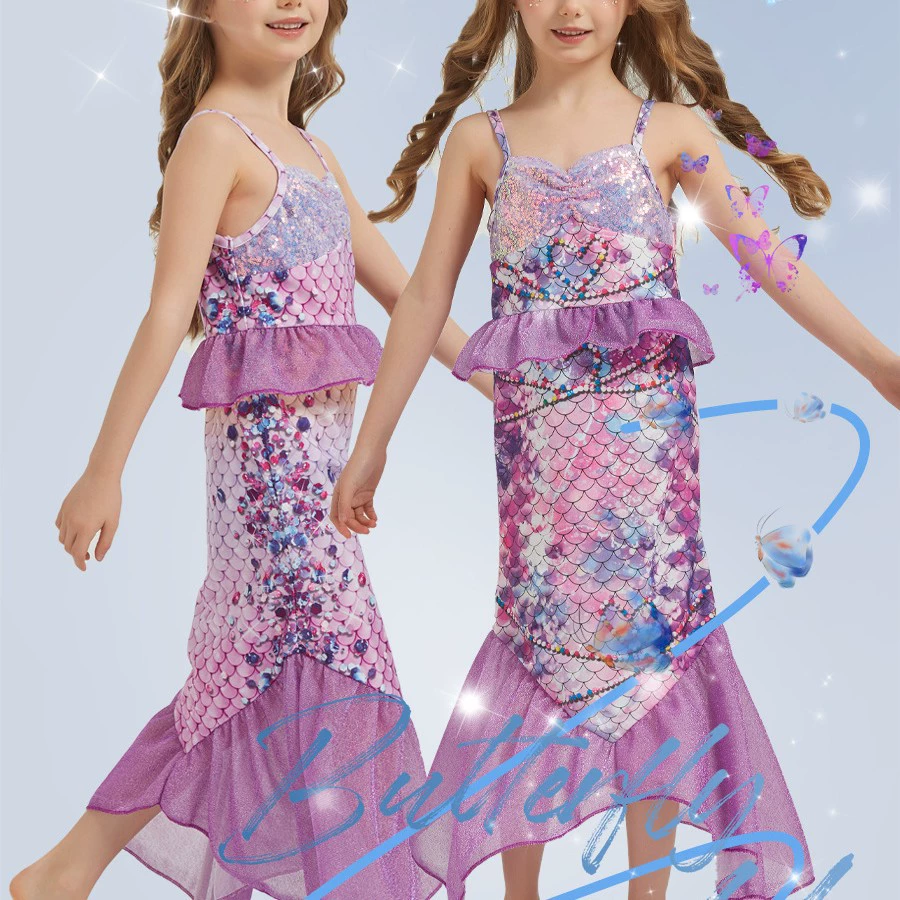 Новинка 2025 года, платье-жилет русалки для девочек на Хэллоуин, детское стильное платье принцессы без рукавов, длинное платье для малышей