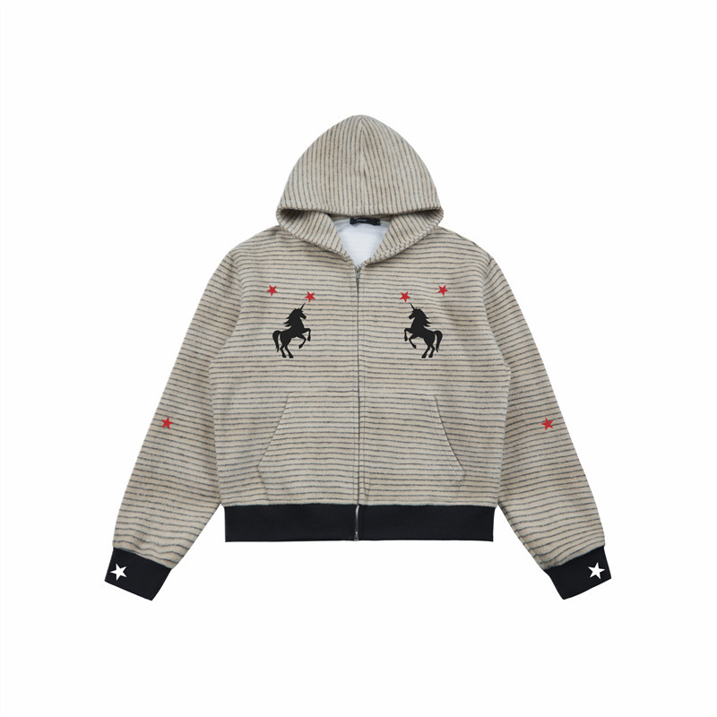 Yidao Vintage 2026 Spring Five-Pointed Star Unicorn Embroidery Zipper Hooded Fleece Striped Drop-Shoulder Cardigan Sweatshirt Yidao Vintage 2026 Spring Five-Pointed Star Unicorn Embroidery Zipper Hooded Fleece Striped Drop-Shoulder Cardigan Sweatshirt