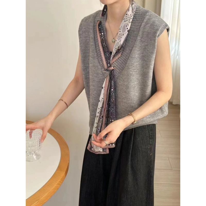 韩系v领纯色丝带针织马甲女2025秋冬季新款宽松百搭气质毛衣背心|undefined